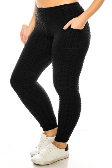 Plus Size TikTok Scrunch Yoga Waist Leggings w/ Side Pockets (Black)