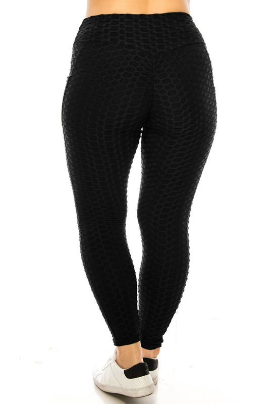 Plus Size TikTok Scrunch Yoga Waist Leggings w/ Side Pockets (Black)